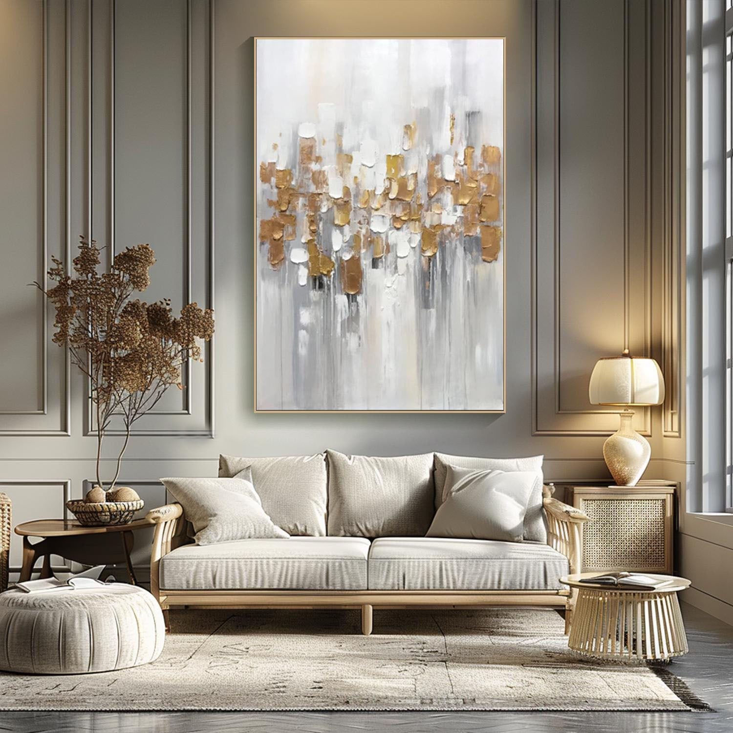 Modern Abstract Textured Oil Painting, White Gray Gold TB 065 - Texarart