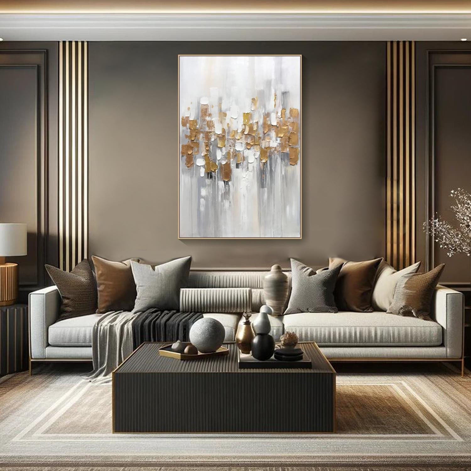 Modern Abstract Textured Oil Painting, White Gray Gold TB 065 - Texarart