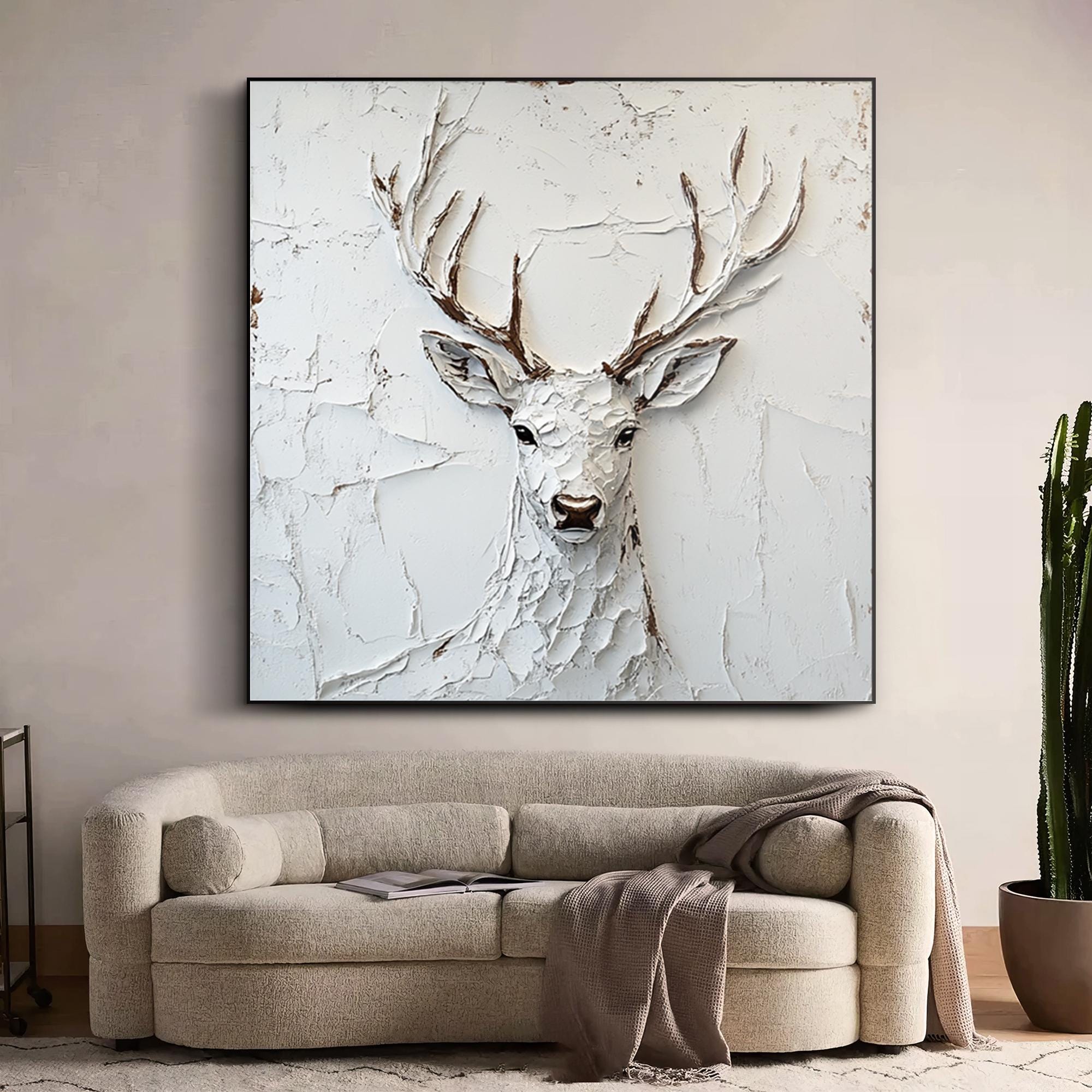 White Plaster Art Deer | Large Textured Stag Painting Decor ZZ 147 - Texarart