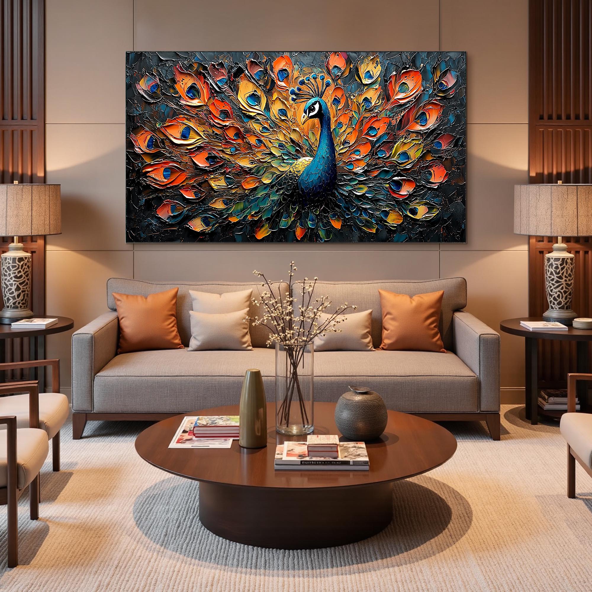 Large Textured Peacock Painting | Colorful Abstract Bird Wall Art Decor ZZ 177 - Texarart