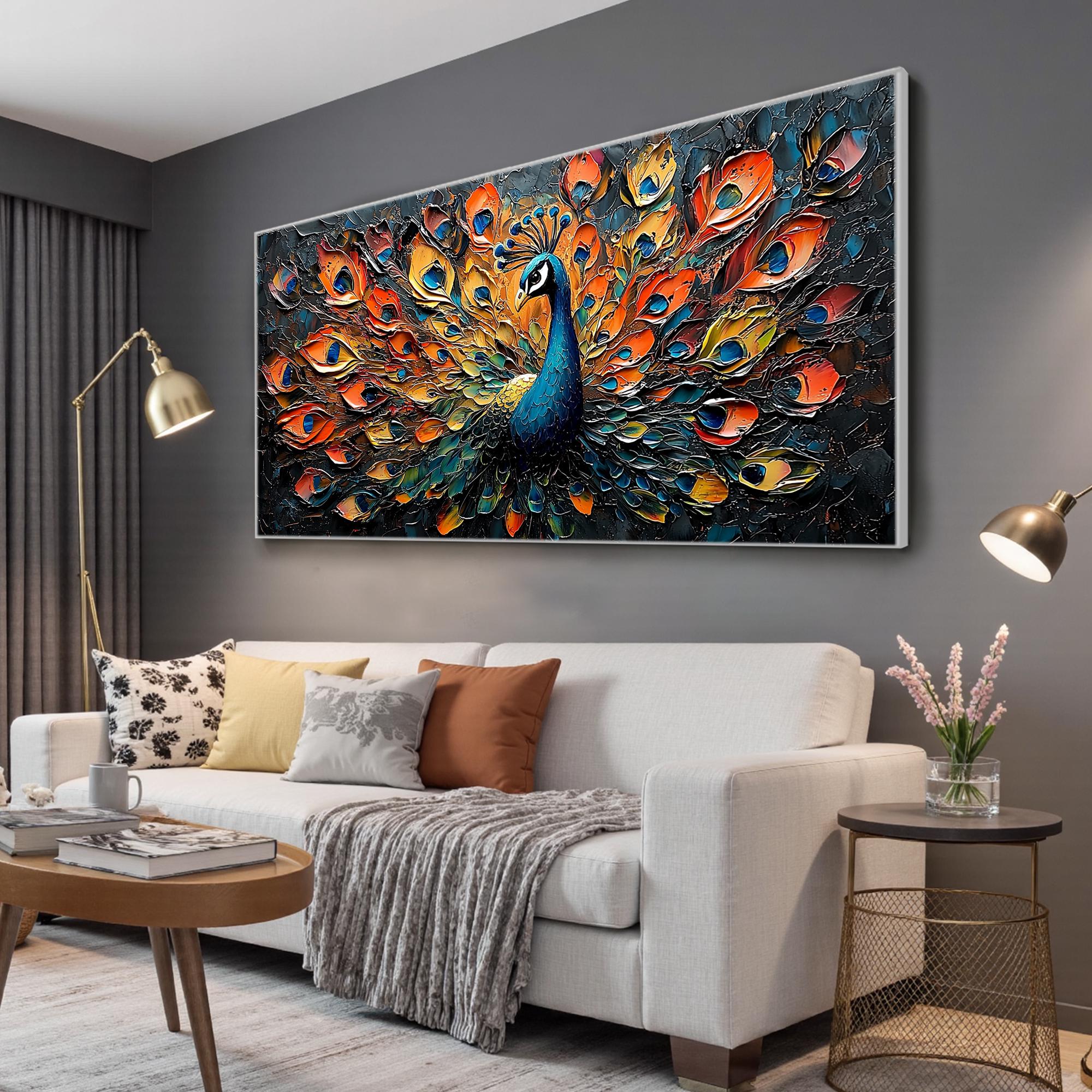 Large Textured Peacock Painting | Colorful Abstract Bird Wall Art Decor ZZ 177 - Texarart