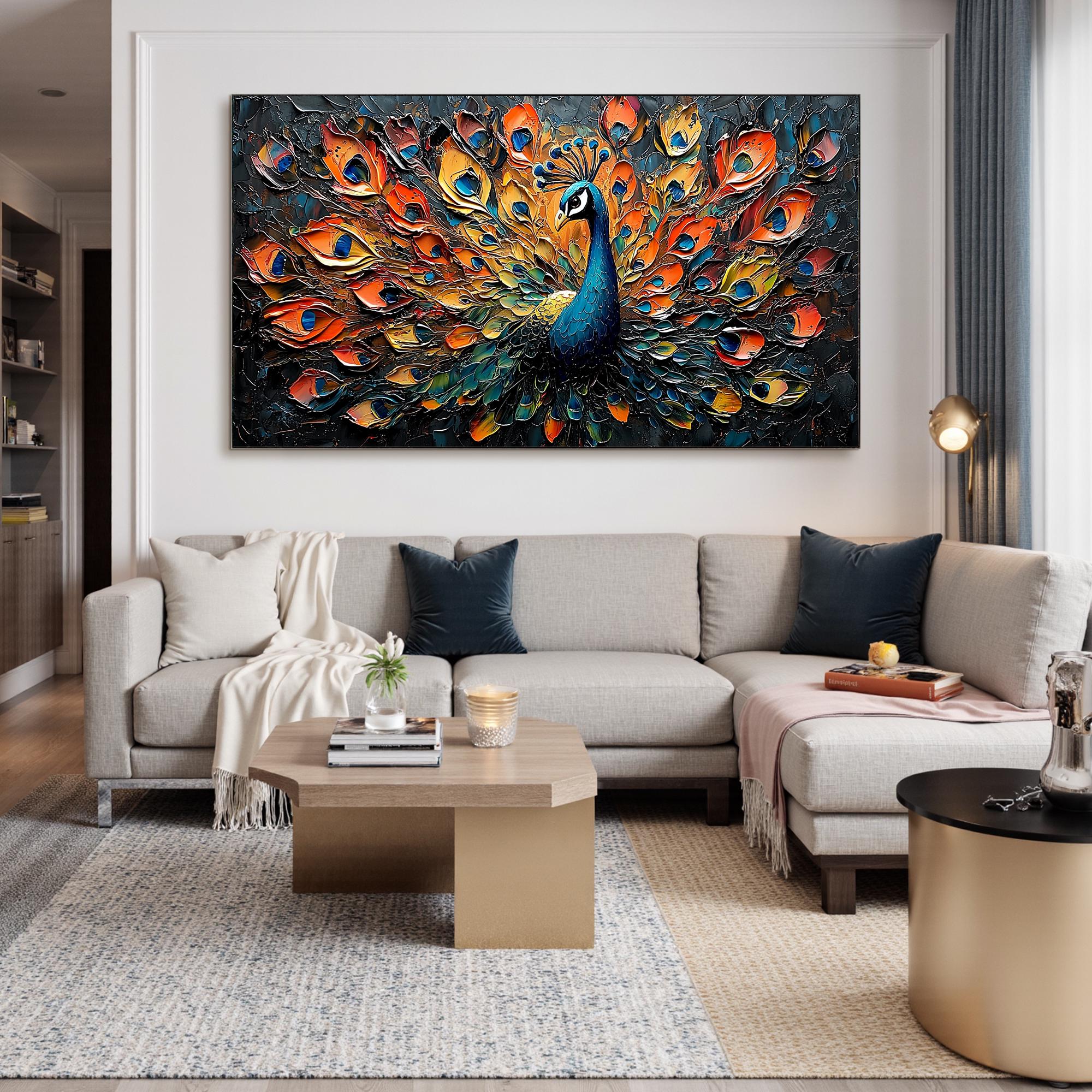 Large Textured Peacock Painting | Colorful Abstract Bird Wall Art Decor ZZ 177 - Texarart