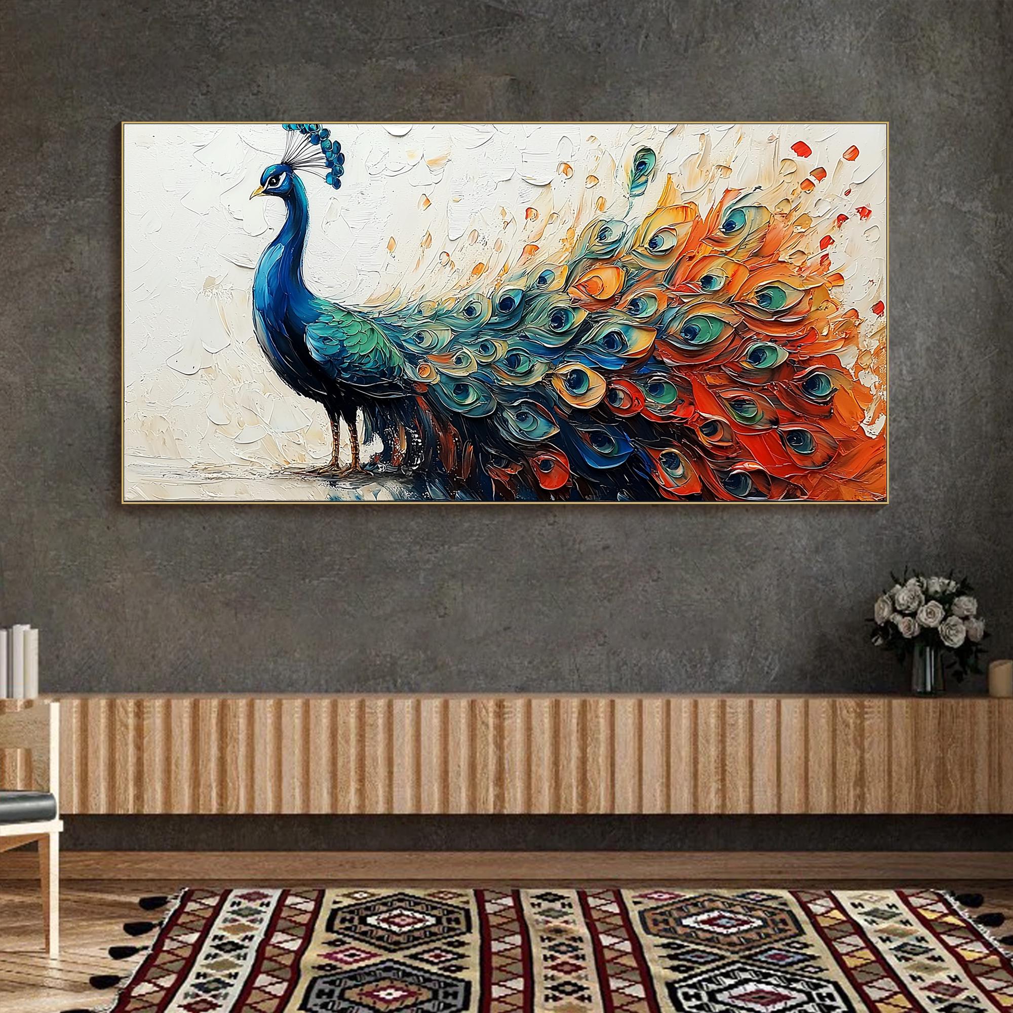 Colorful Peacock Wall Art | Large Textured Bird Painting Canvas ZZ 173 - Texarart