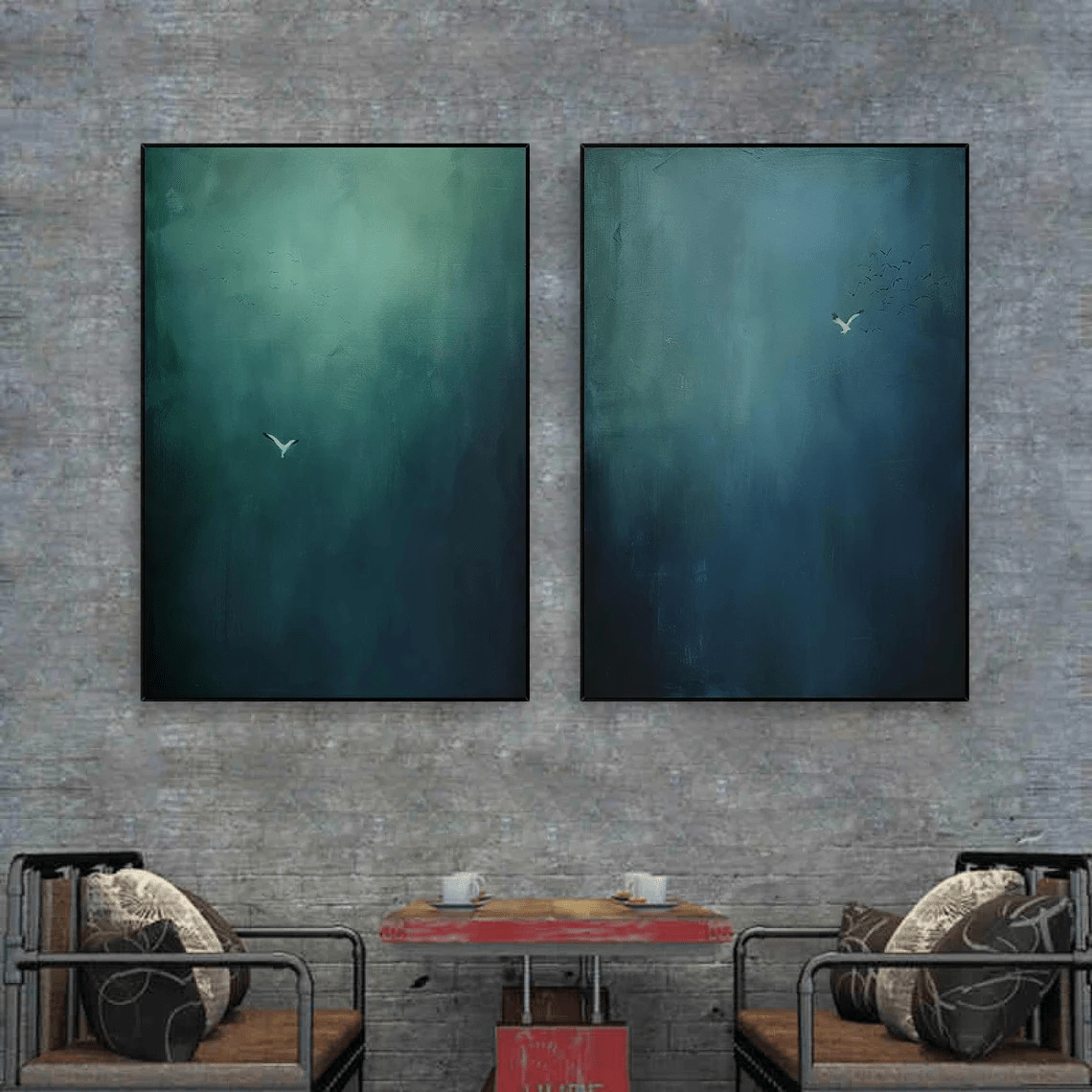 Large Abstract Oil Painting Diptych Hand - Painted Blue Green Sky/Ocean Art |  TC 010 - Texarart