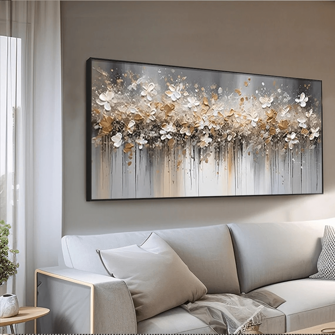 Textured Floral Abstract Oil Art - Gold Beige with Dripping JJ 021 - Texarart