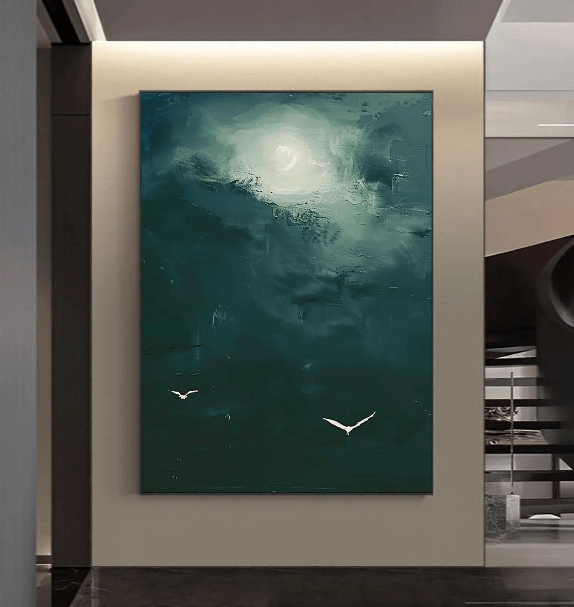 Dark Teal Abstract Oil Painting with Moon and Birds Wall Art TC 029 - Texarart