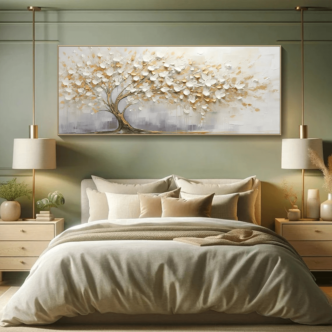 3D Blossom Tree Painting, Handmade White Gold Canvas Artwork TC 069 - Texarart