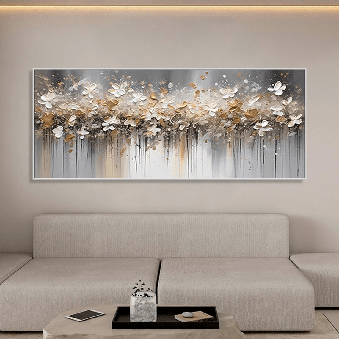 Textured Floral Abstract Oil Art - Gold Beige with Dripping JJ 021 - Texarart