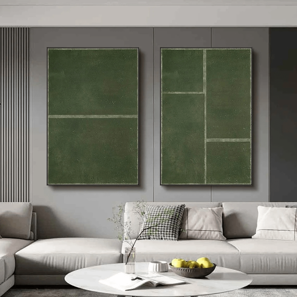 Set of 2 Large Abstract Green Oil Paintings with Geometric Design |  TC 017 - Texarart