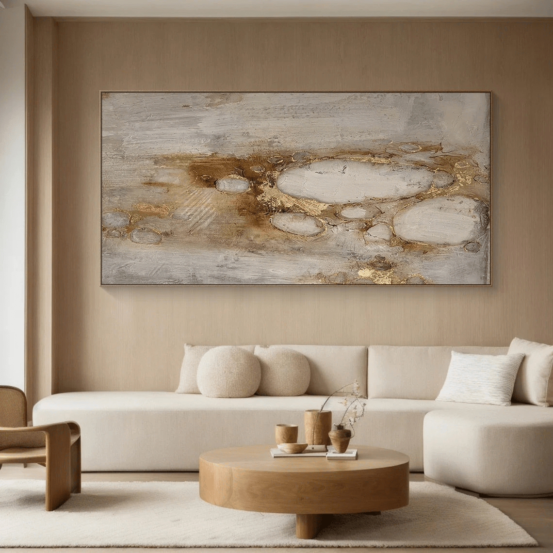 Abstract Oil Painting - Modern Beige Gold Art for Living Room TC 068 - Texarart