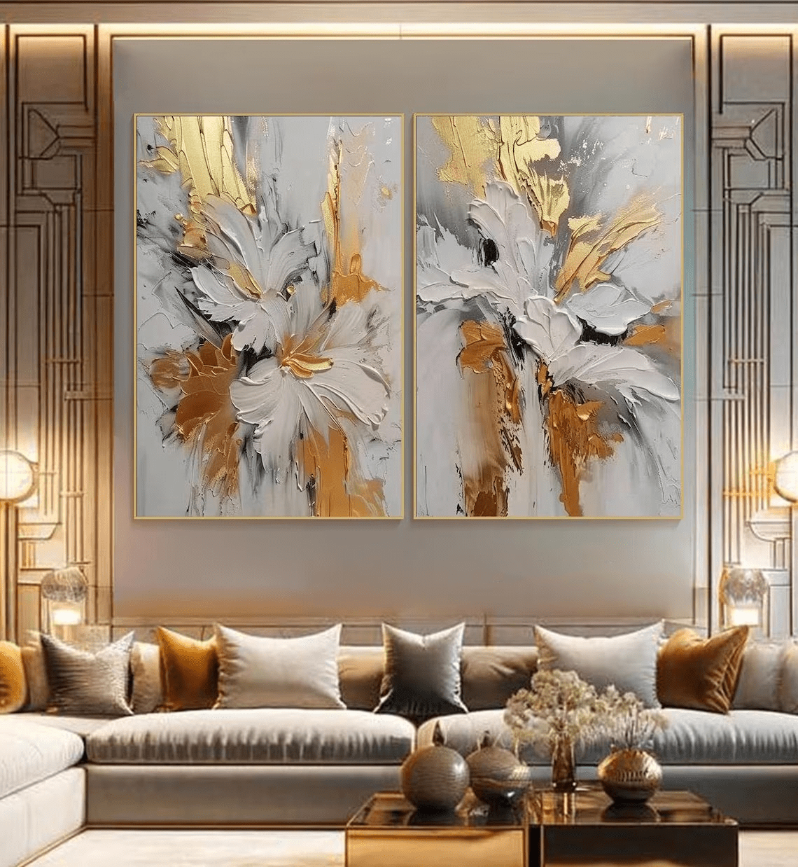 Set of 2 Textured Abstract Paintings |Gold & Grey Art TC 102 - Texarart