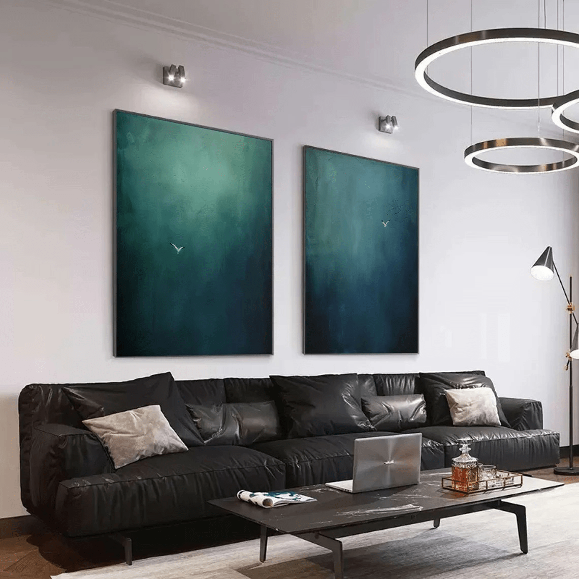 Large Abstract Oil Painting Diptych Hand - Painted Blue Green Sky/Ocean Art |  TC 010 - Texarart