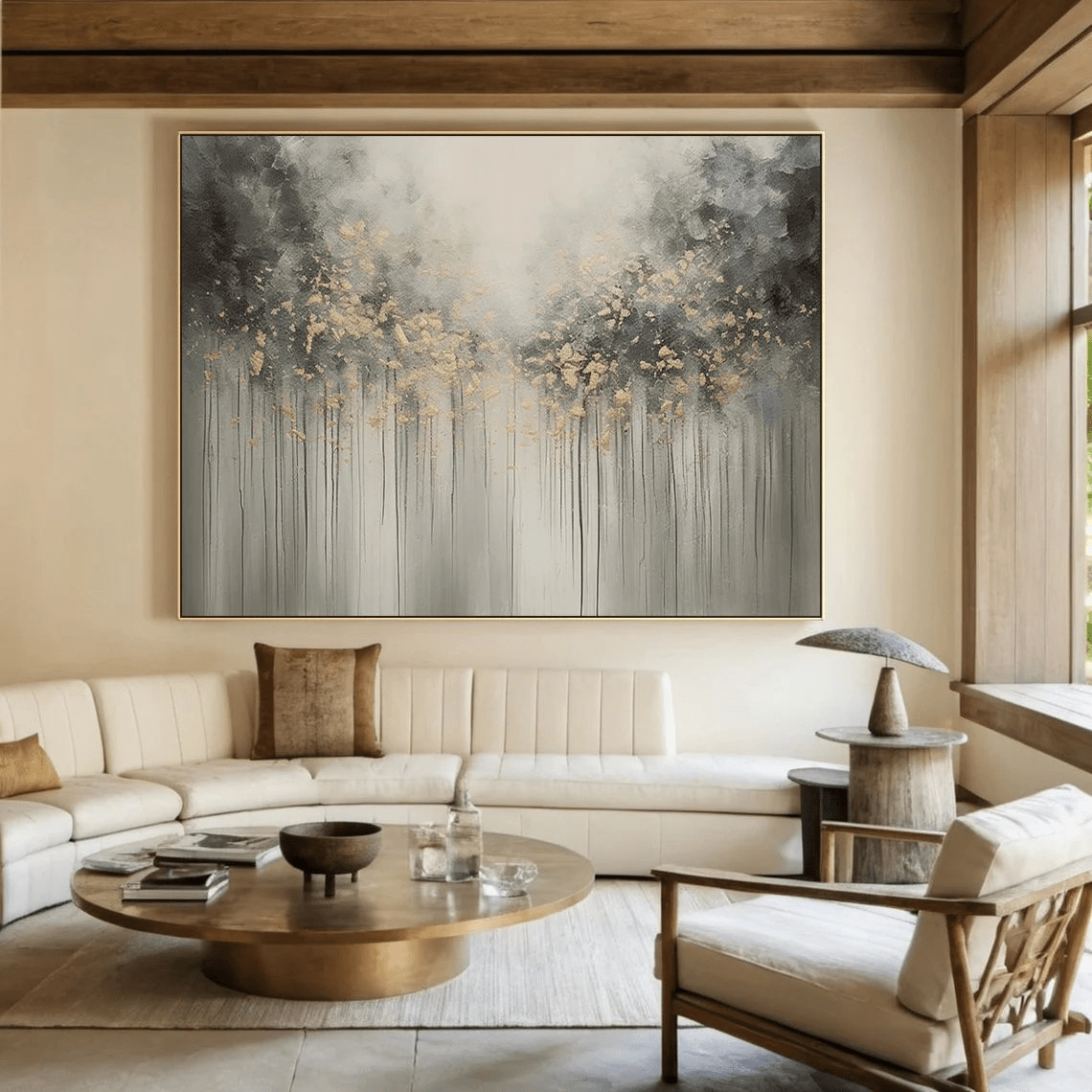 Large Abstract Nature Painting | Grey, Black, Gold Forest Art TC 064 - Texarart