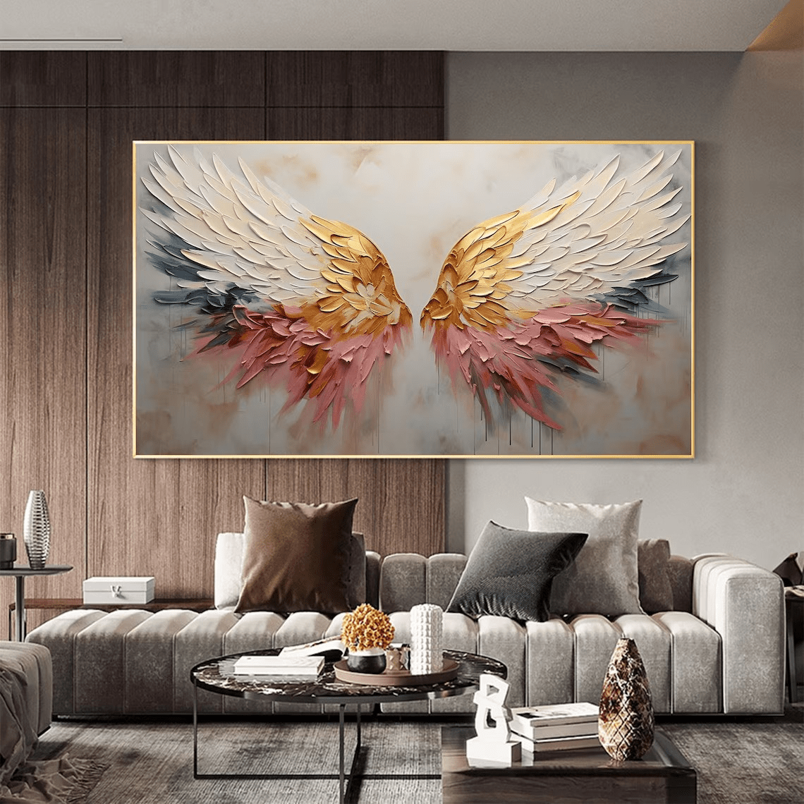 Textured Angel Wings Abstract Oil Painting - Gold & Peach Art JJ 031 - Texarart