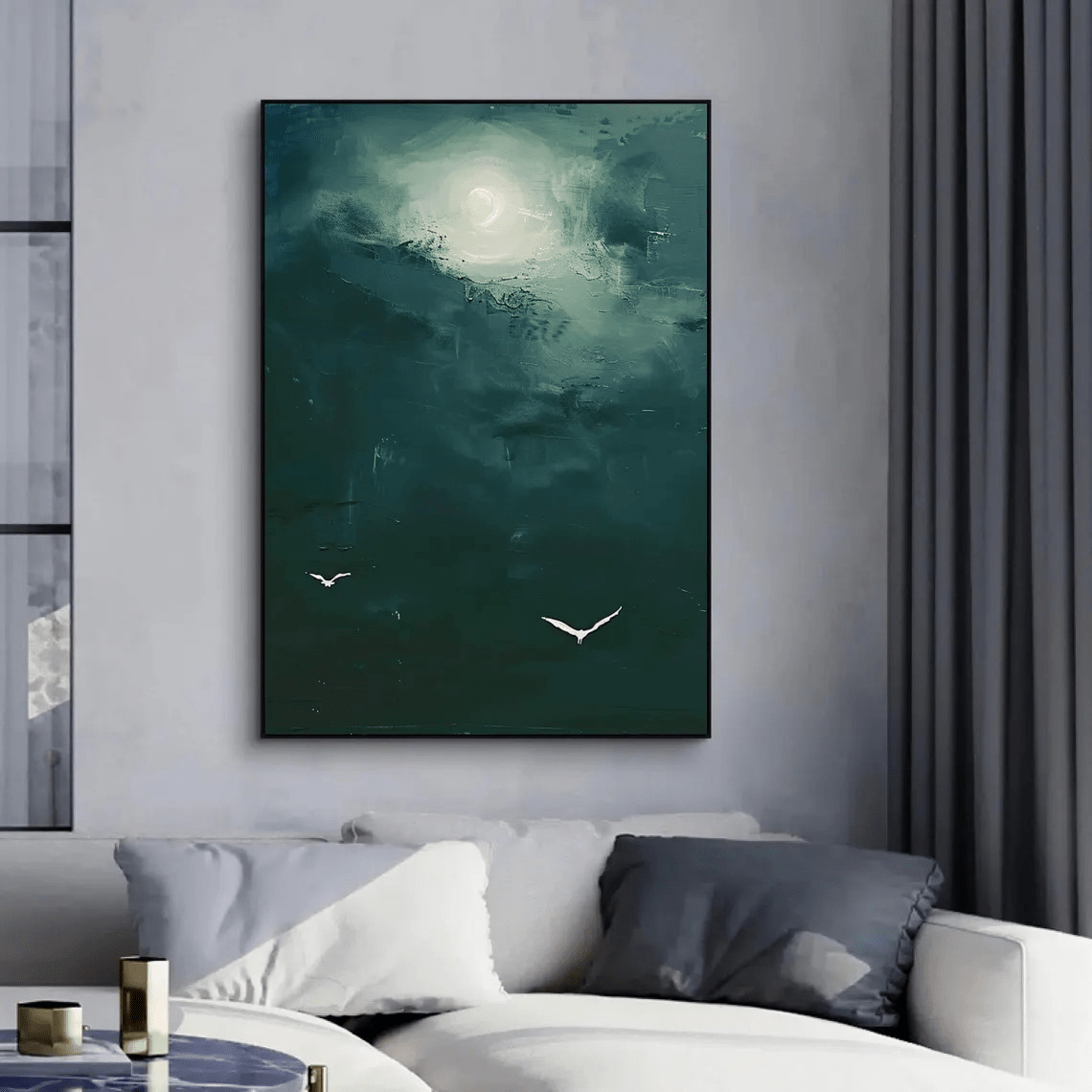 Dark Teal Abstract Oil Painting with Moon and Birds Wall Art TC 029 - Texarart
