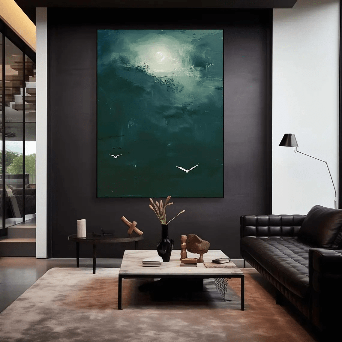 Dark Teal Abstract Oil Painting with Moon and Birds Wall Art TC 029 - Texarart