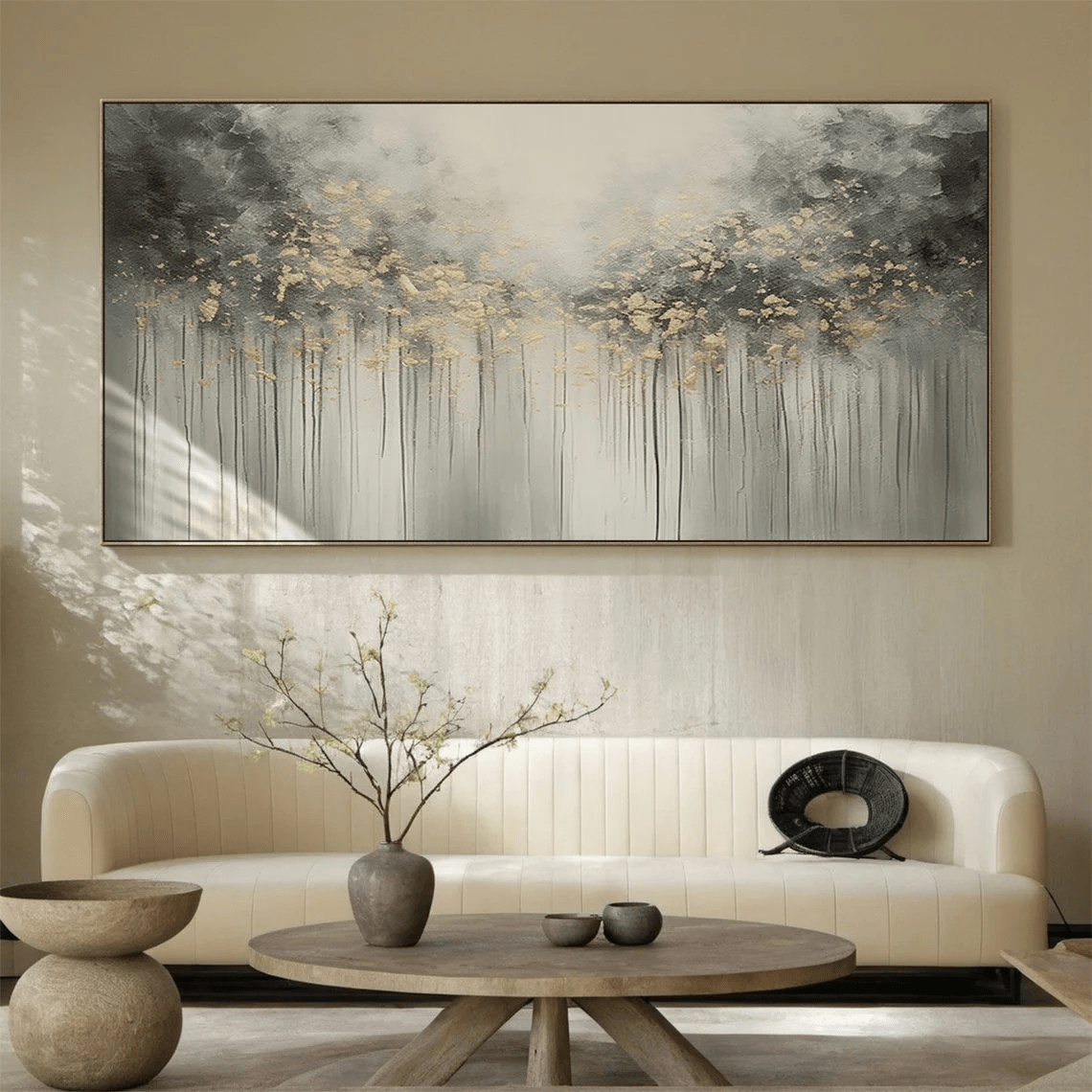 Large Abstract Nature Painting | Grey, Black, Gold Forest Art TC 064 - Texarart