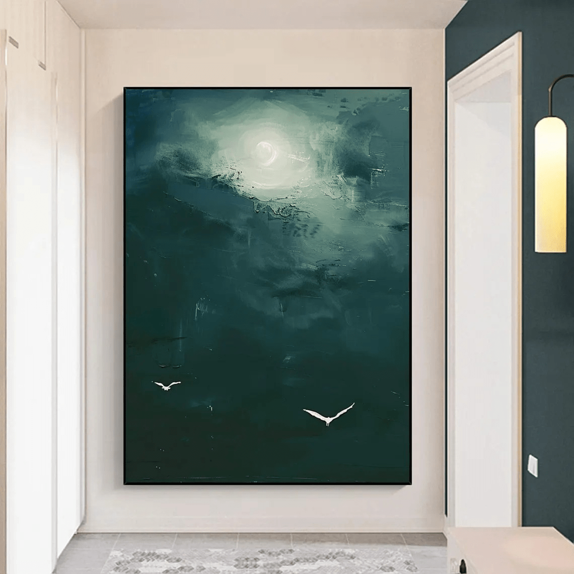 Dark Teal Abstract Oil Painting with Moon and Birds Wall Art TC 029 - Texarart
