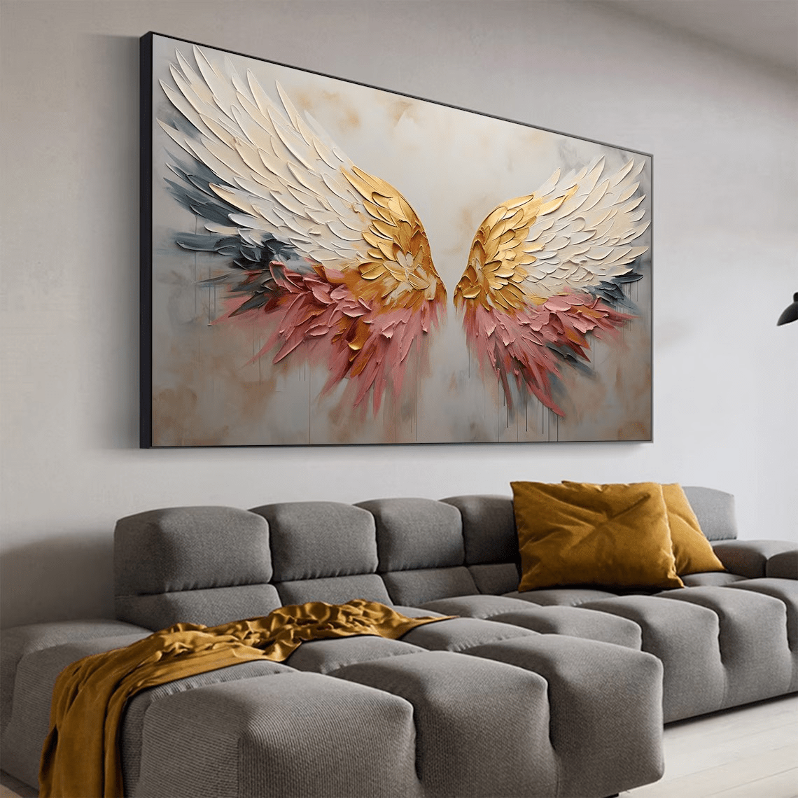 Textured Angel Wings Abstract Oil Painting - Gold & Peach Art JJ 031 - Texarart