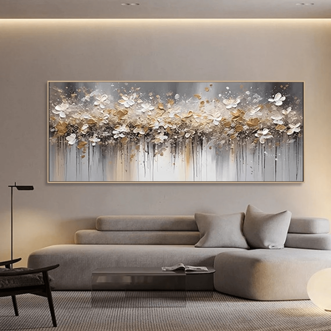 Textured Floral Abstract Oil Art - Gold Beige with Dripping JJ 021 - Texarart