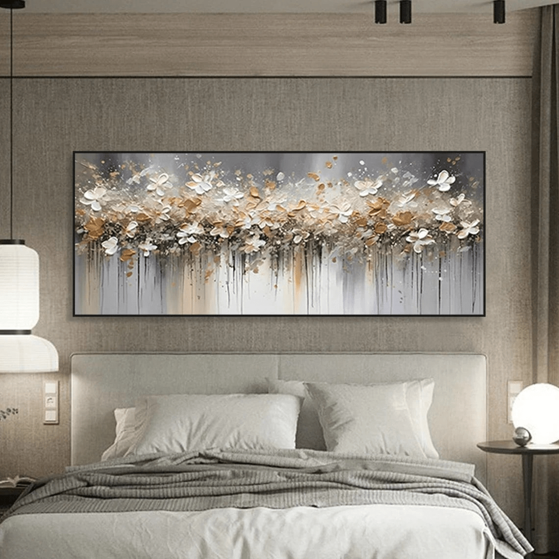 Textured Floral Abstract Oil Art - Gold Beige with Dripping JJ 021 - Texarart