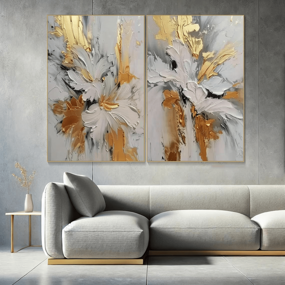 Set of 2 Textured Abstract Paintings |Gold & Grey Art TC 102 - Texarart