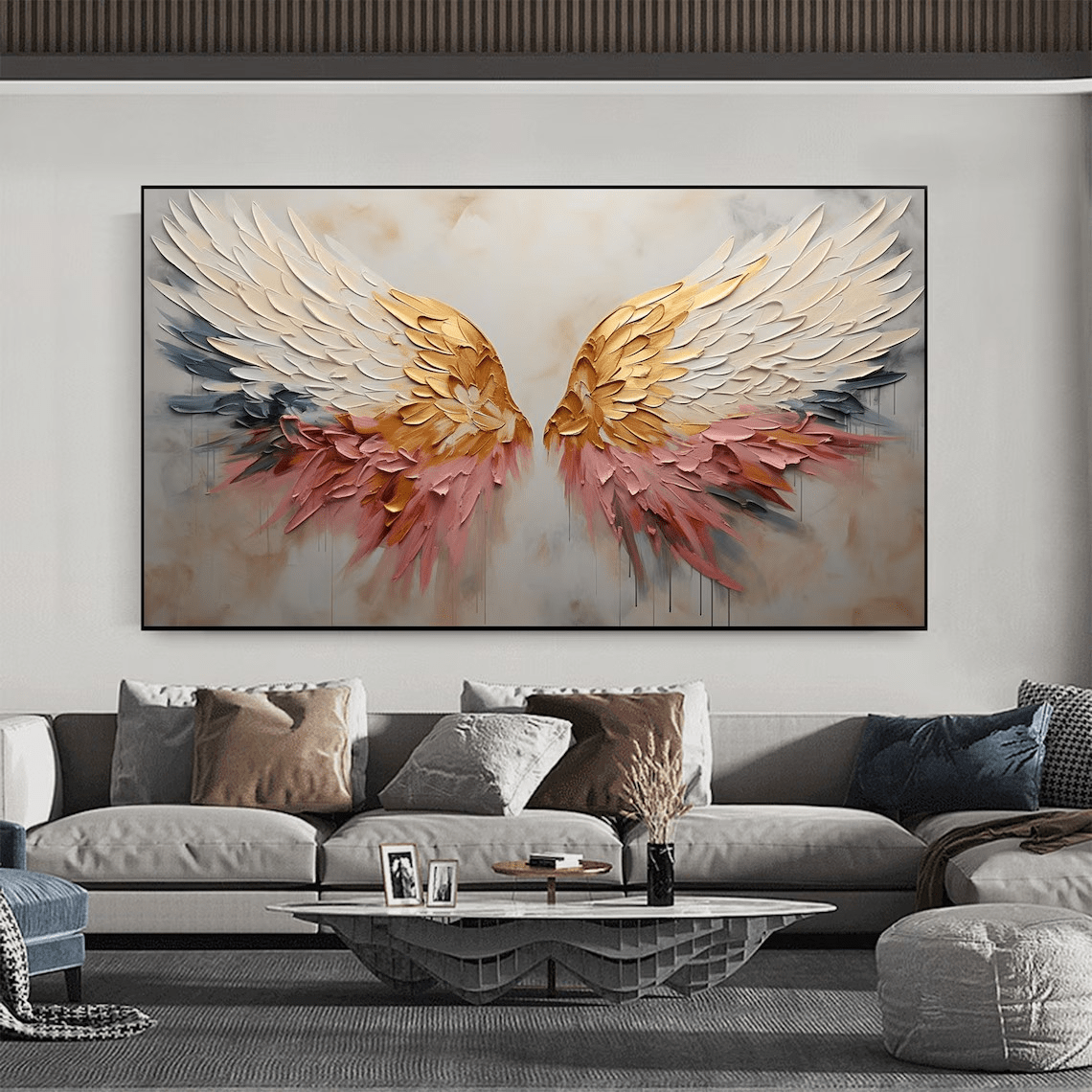 Textured Angel Wings Abstract Oil Painting - Gold & Peach Art JJ 031 - Texarart